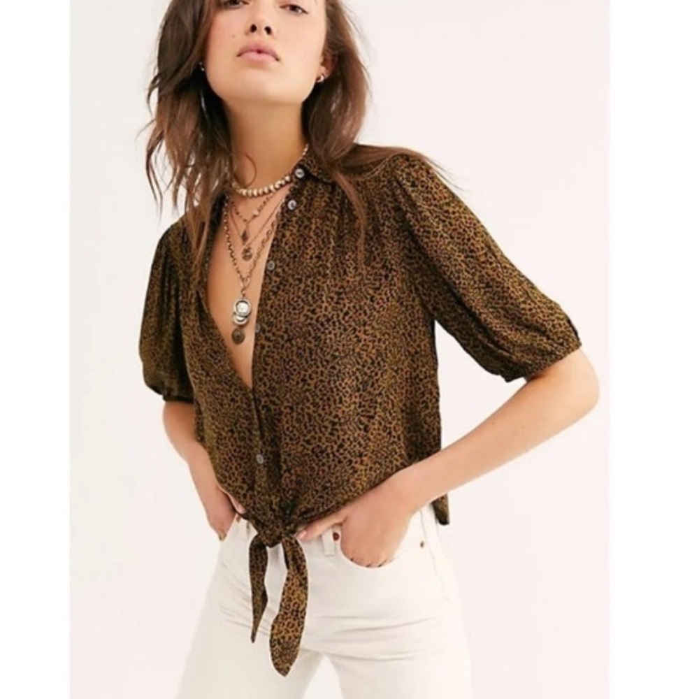Free People Celia Brown Leopard Print waist tie slouchy cropped Blouse
